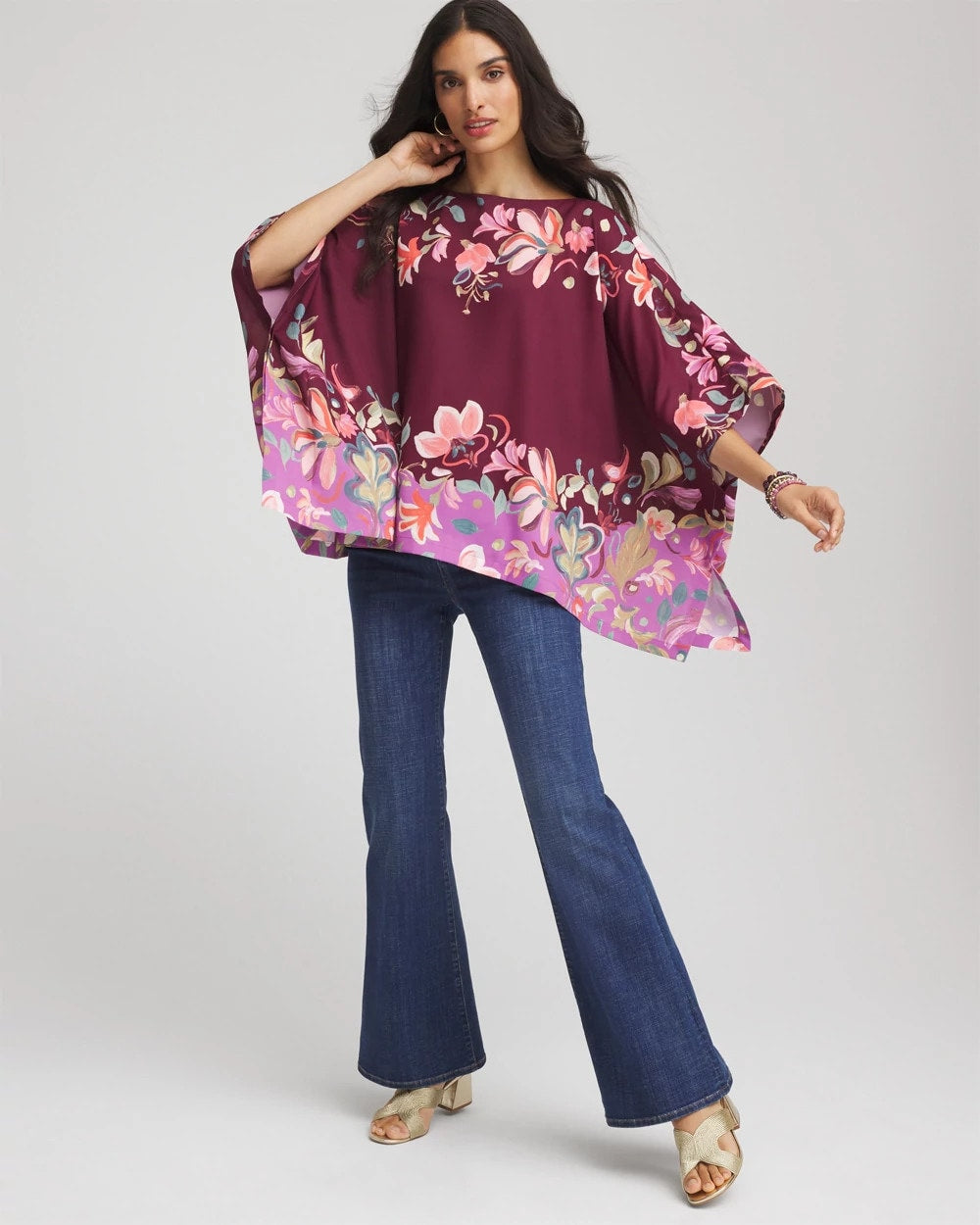 Chico's Sale Deep Chianti Printed Boatneck Pullover Poncho