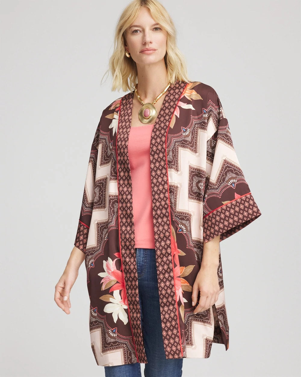 Chico's Outlet Cacao Long Mixed-Print Kimono