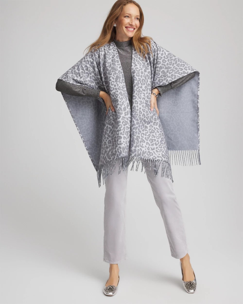 Chico's On Sale Storm Cloud Reversible Animal Print Fringe Ruana