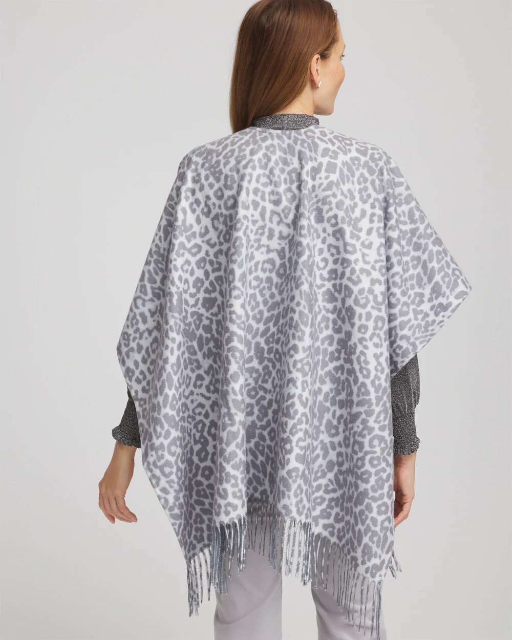 Chico's On Sale Storm Cloud Reversible Animal Print Fringe Ruana