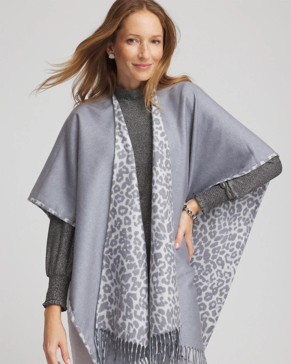 Chico's On Sale Storm Cloud Reversible Animal Print Fringe Ruana