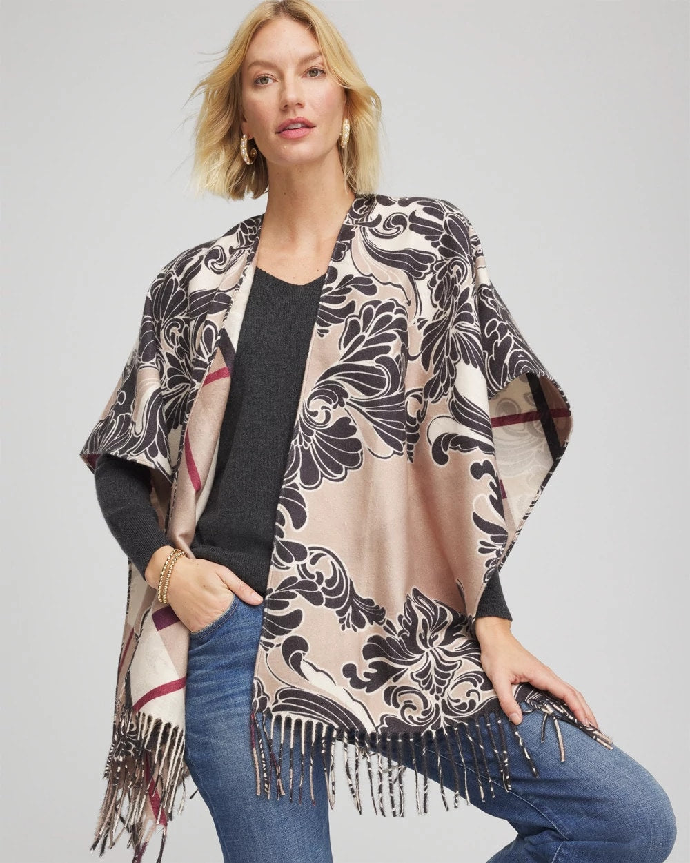 Chico's Online Champagne Fizz Reversible Printed Fringe Ruana