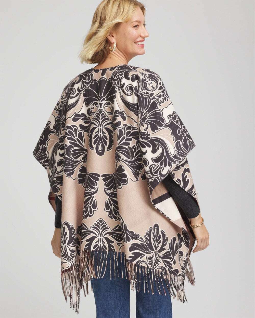 Chico's Online Champagne Fizz Reversible Printed Fringe Ruana