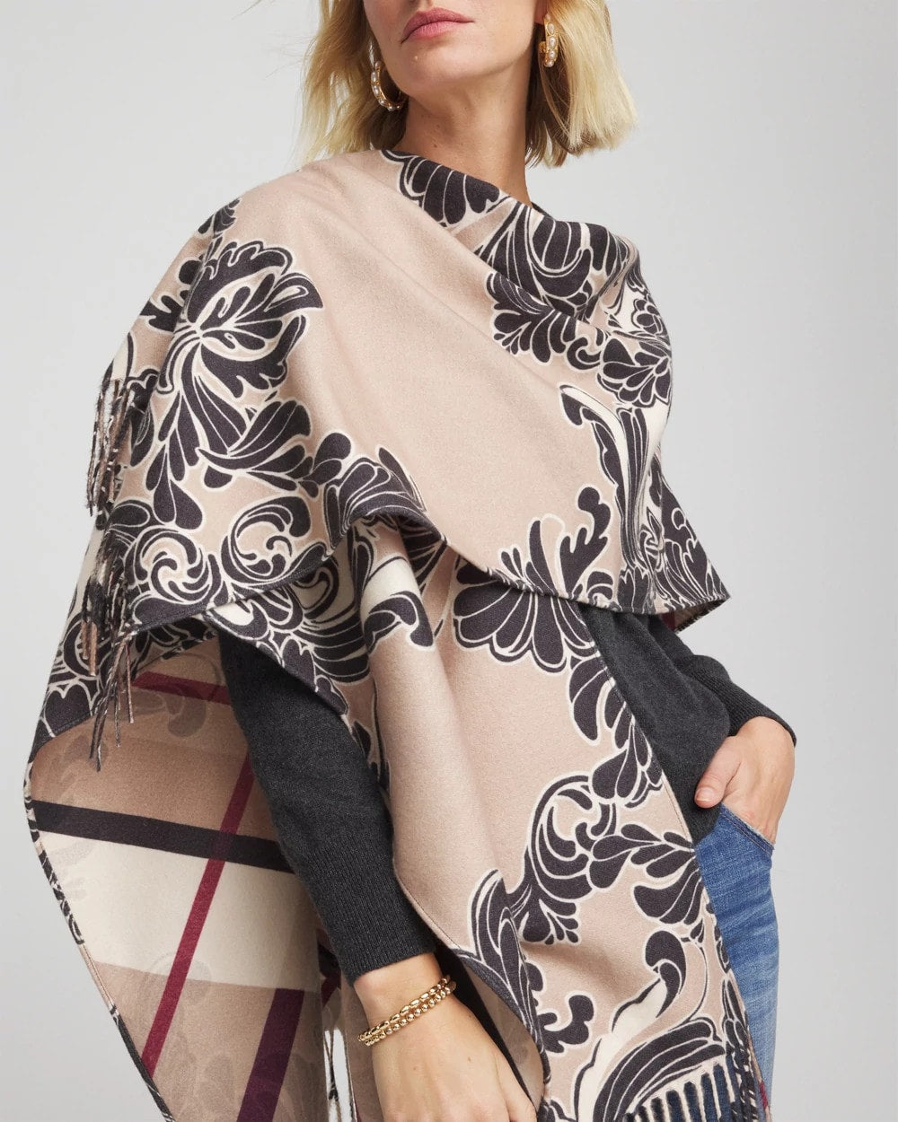 Chico's Online Champagne Fizz Reversible Printed Fringe Ruana