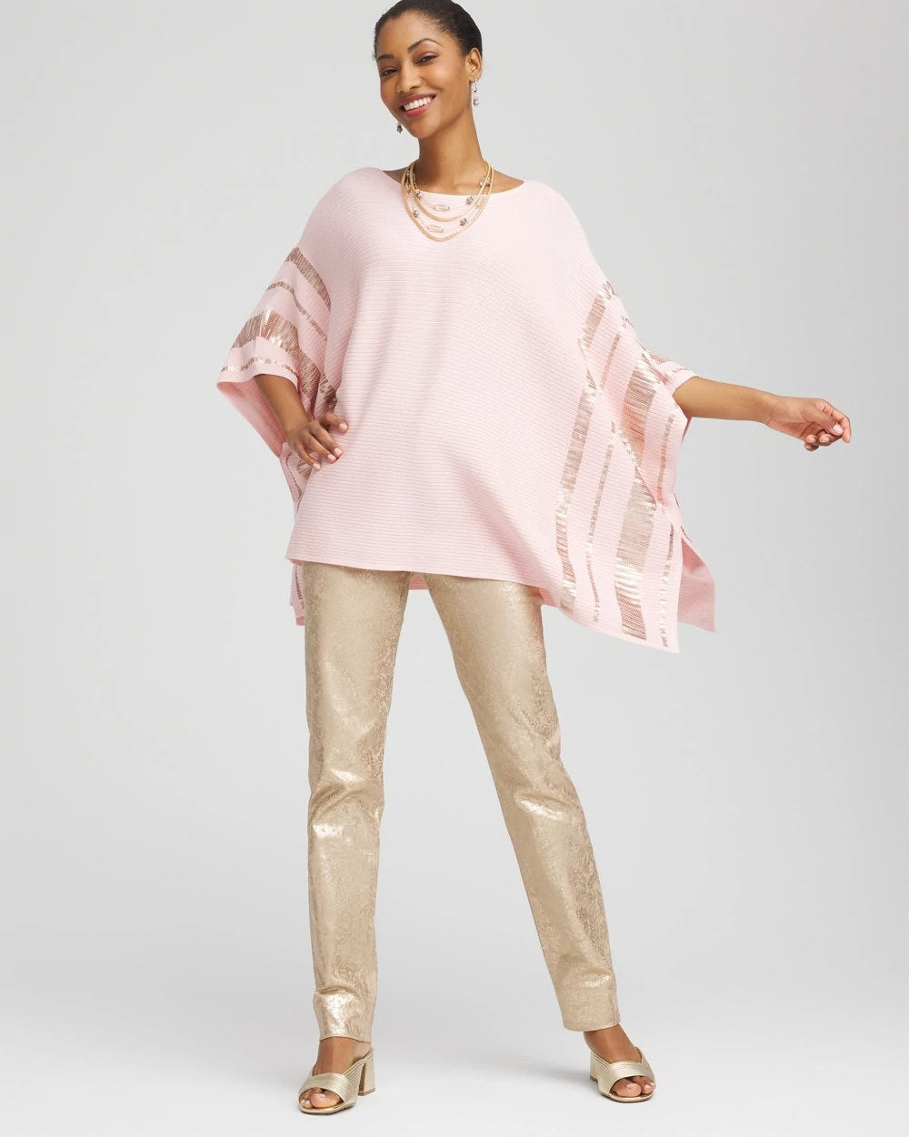 Chico's Discount Blushed Sequin Striped Sweater Poncho