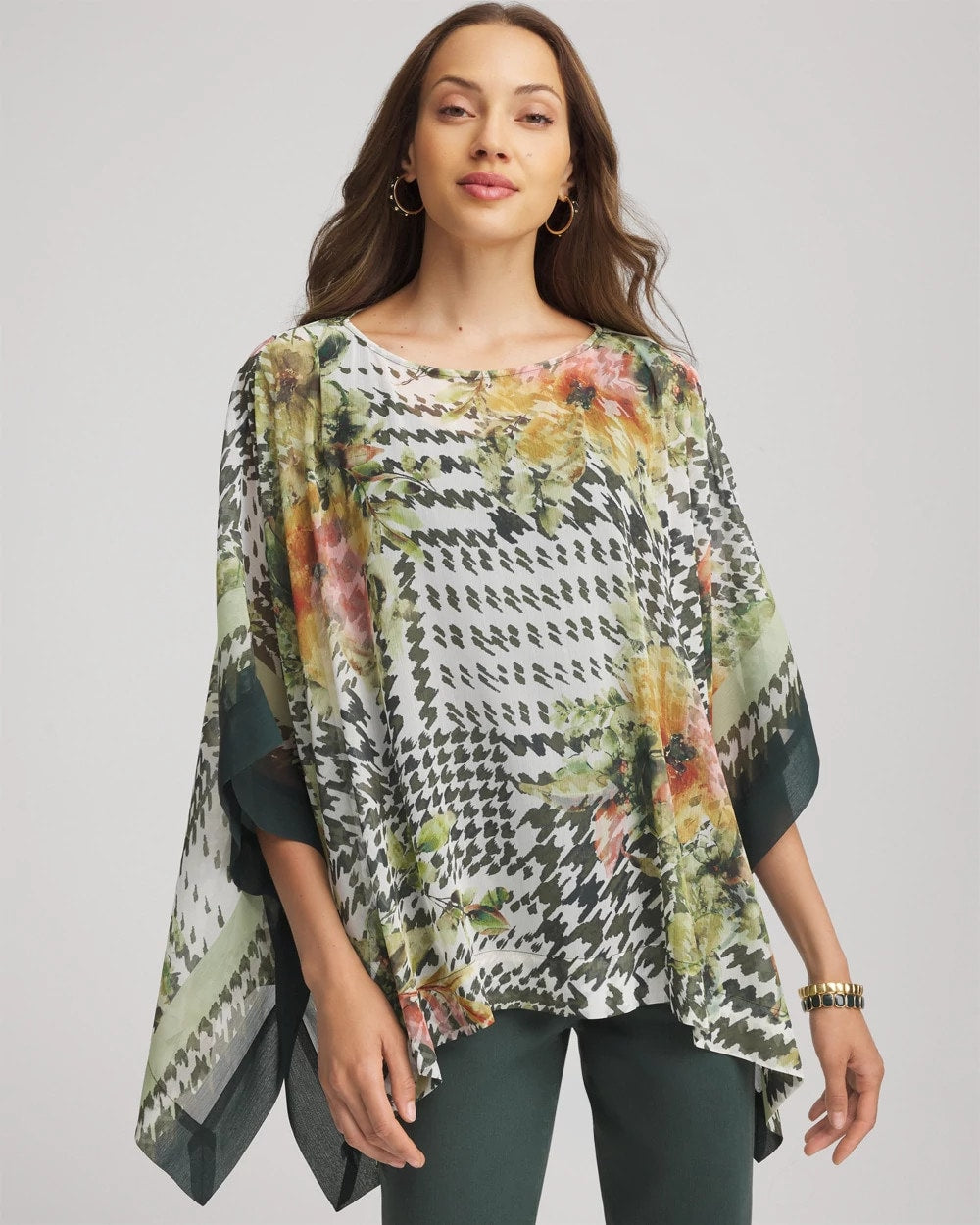 Chico's Sale Nettle Leaf Printed Crinkle-Chiffon Pullover Poncho