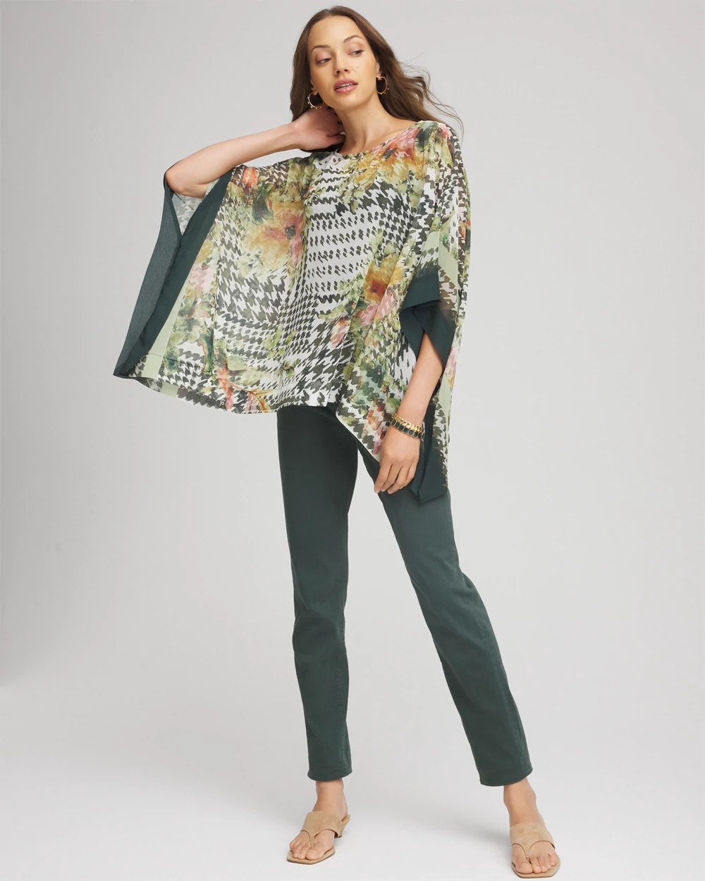 Chico's Sale Nettle Leaf Printed Crinkle-Chiffon Pullover Poncho