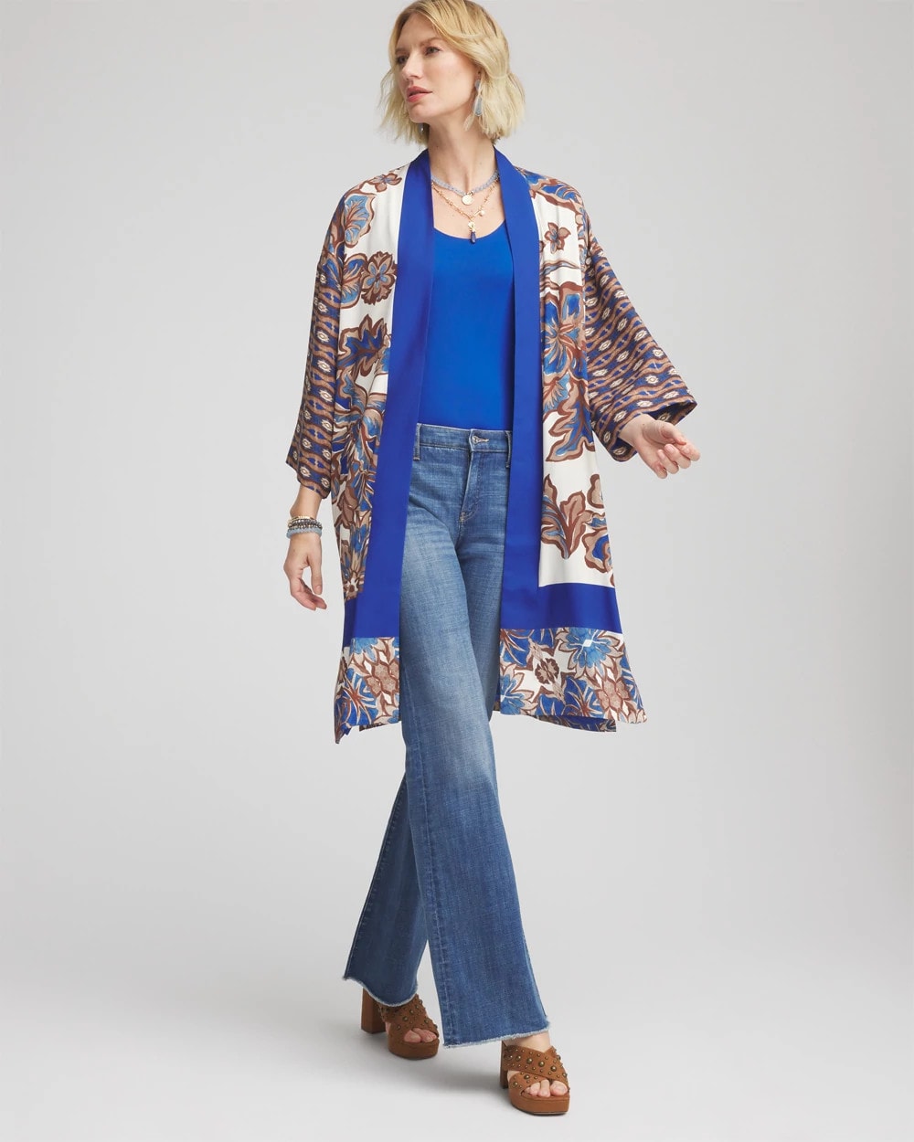 Chico's Outlet English Cream Crepe Long Printed Kimono