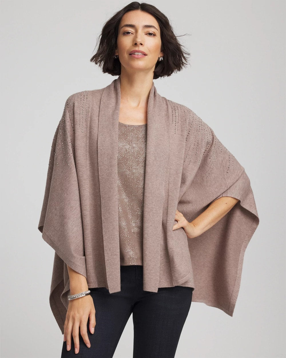Chico's Outlet Taupe Heather Embellished Shawl Collar Ruana