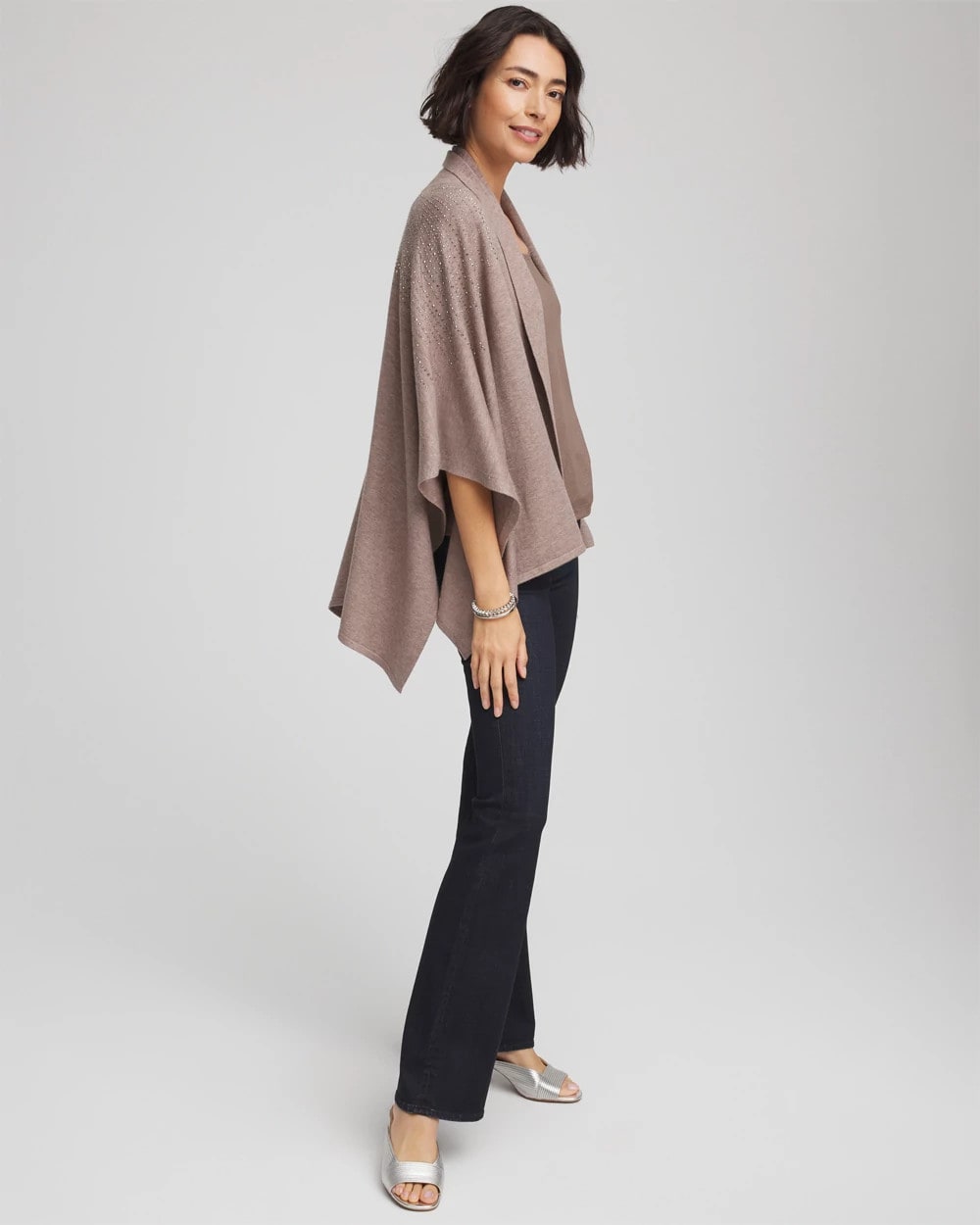 Chico's Outlet Taupe Heather Embellished Shawl Collar Ruana