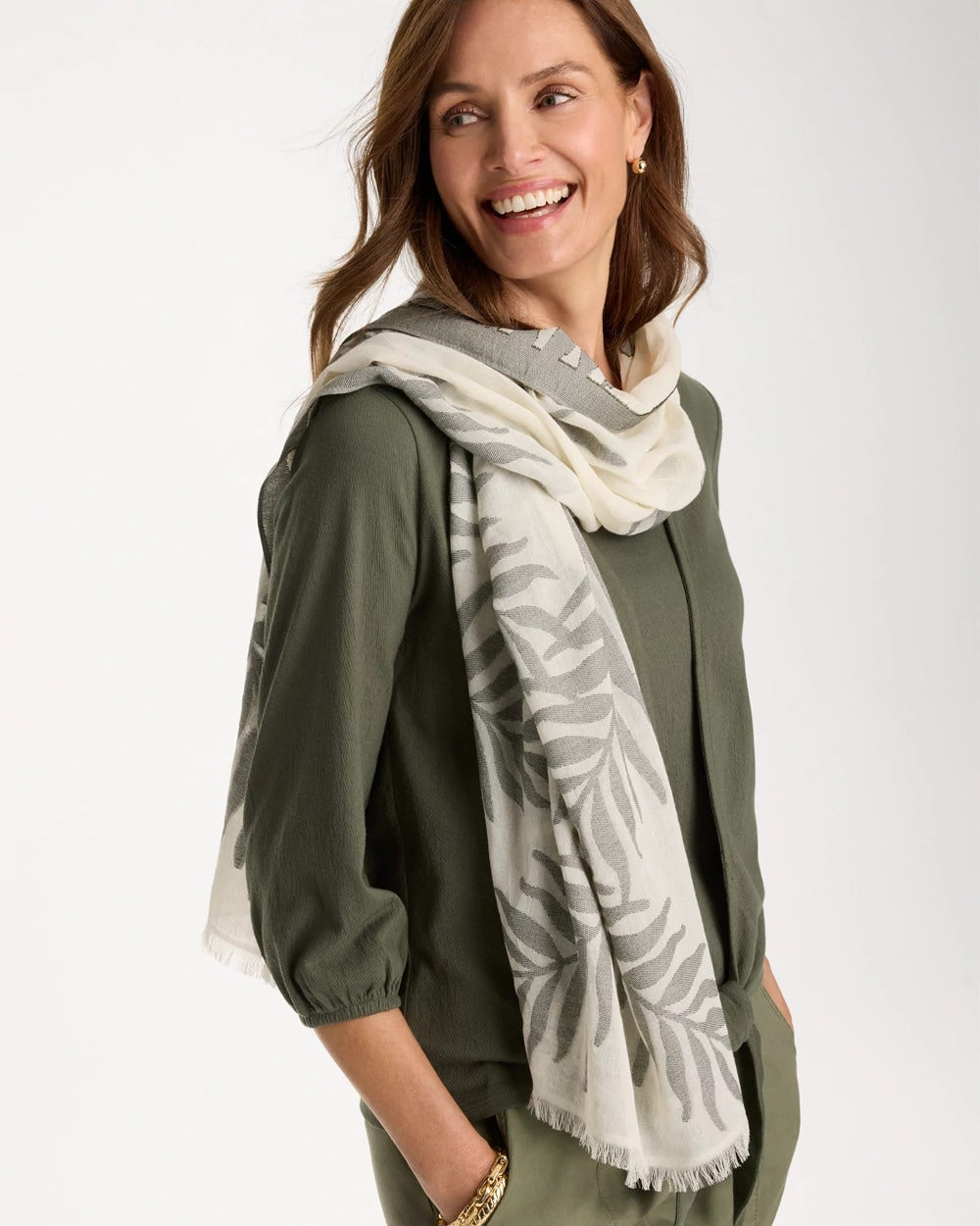 Chico's Online White Palm Embroidered Oblong Scarf