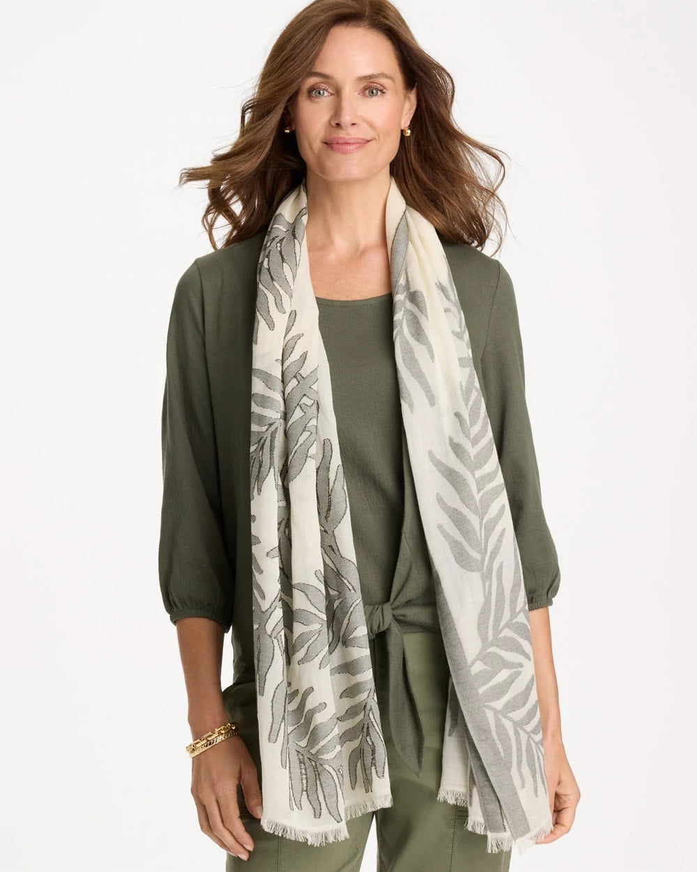 Chico's Online White Palm Embroidered Oblong Scarf
