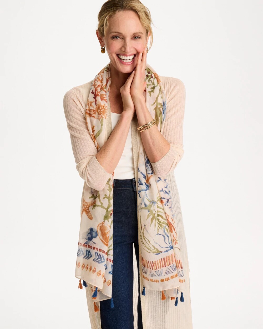 Chico's Discount Olive Sea Life Tassel Oblong Scarf