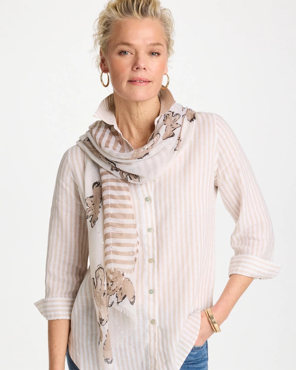 Chico's For Sale Neutral Striped Floral Oblong Scarf
