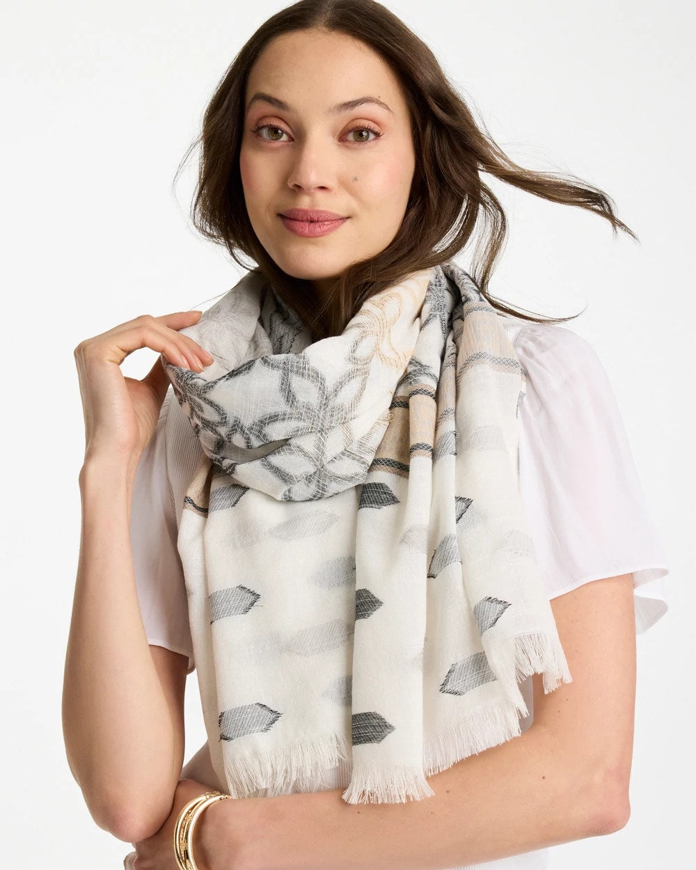 Chico's Discount Neutral Neutral Paisley Polka Dot Oblong Scarf