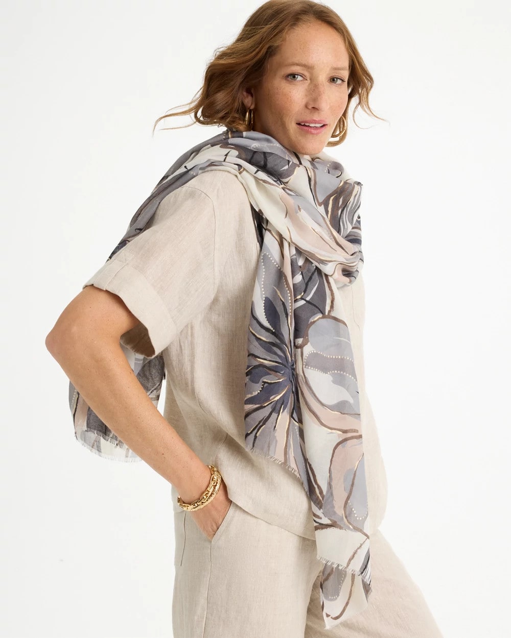 Chico's Sale Neutral Foiled Floral Oblong Scarf