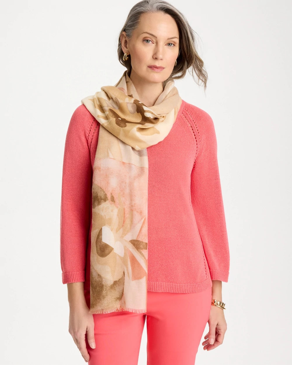 Chico's Outlet Neutral Neutral Floral Oblong Scarf
