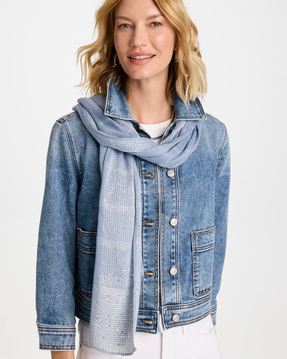 Chico's For Sale Blue Lurex Trim Oblong Scarf