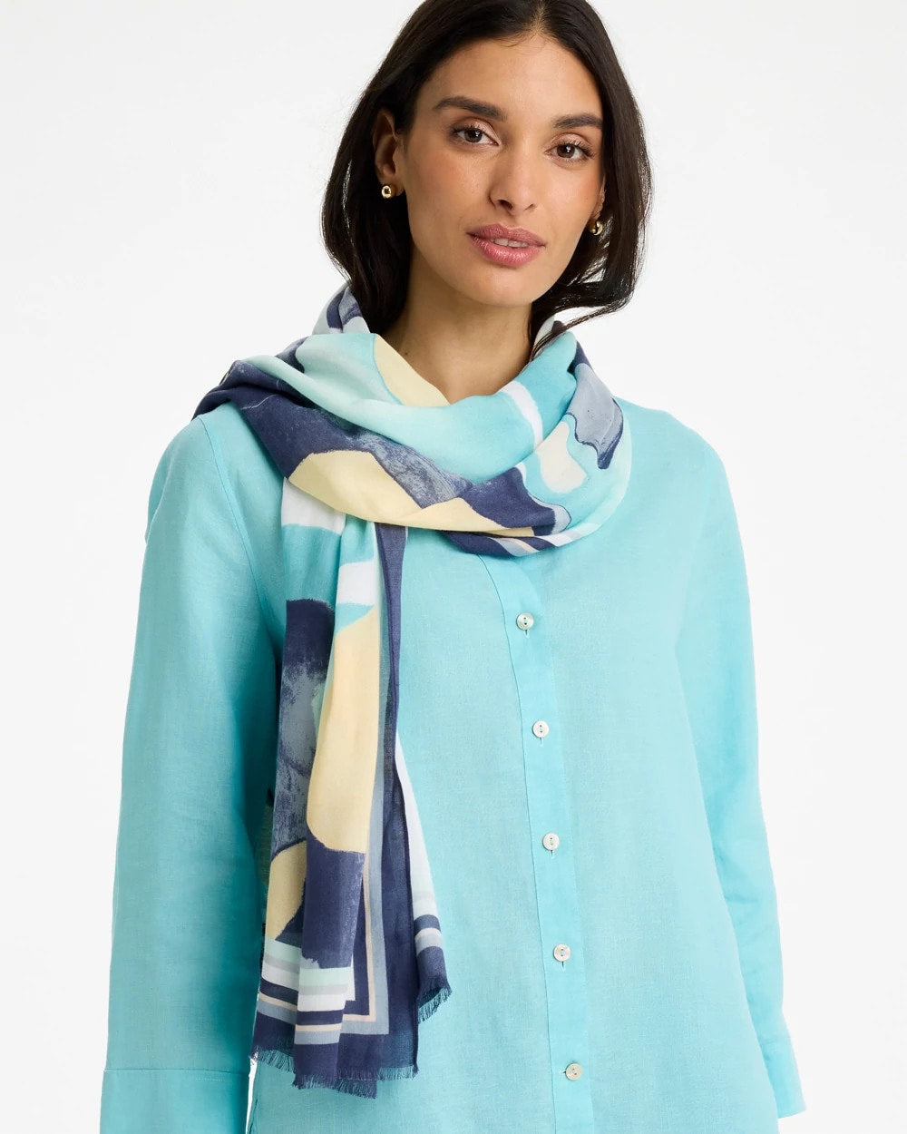 Chico's Discount Passport Blue Artisanal Patch Oblong Scarf