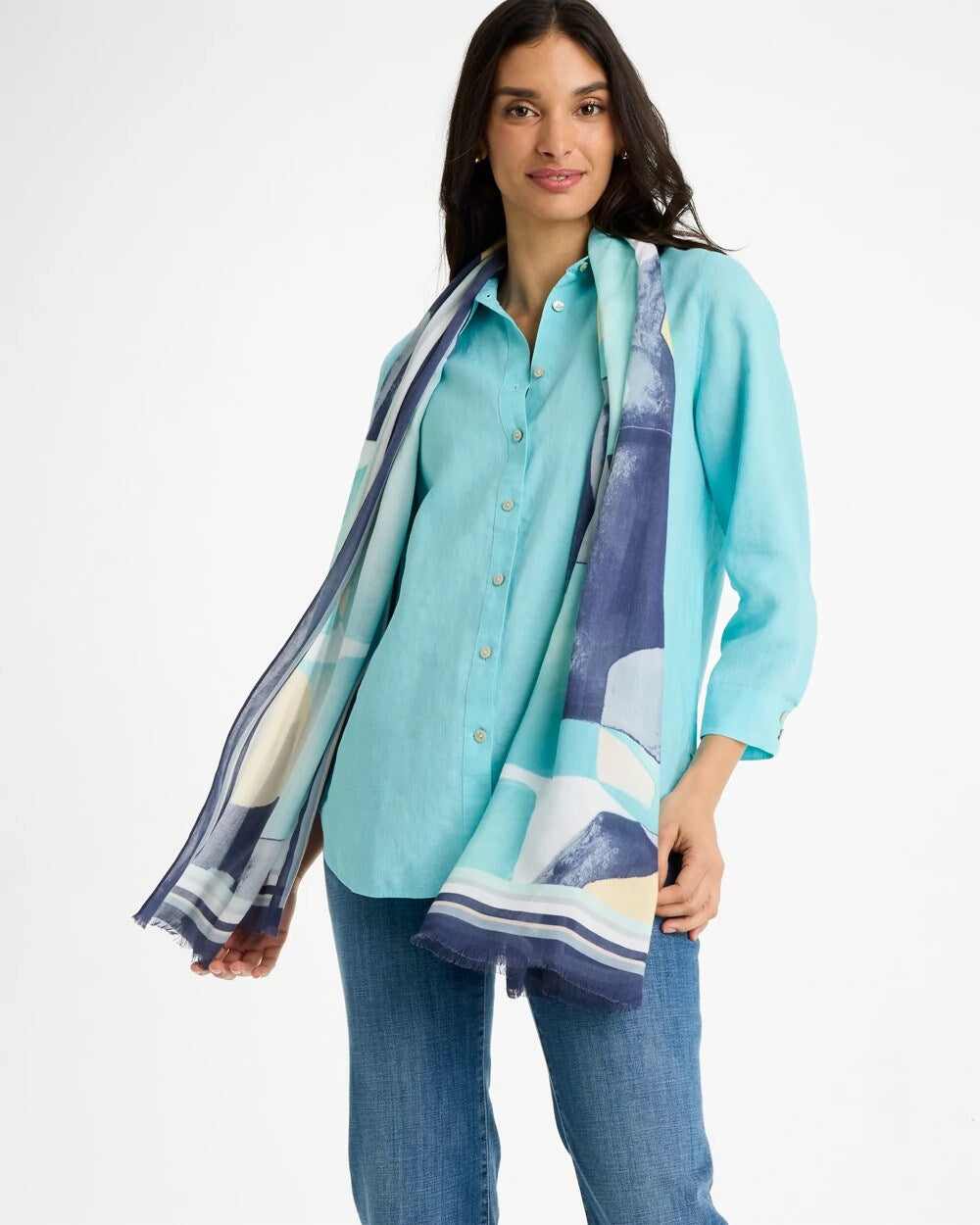 Chico's Discount Passport Blue Artisanal Patch Oblong Scarf