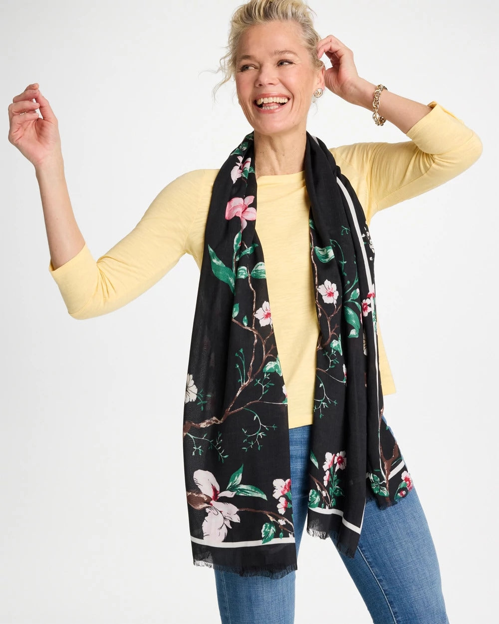 Chico's Online Black Kyoto Bloom Oblong Scarf