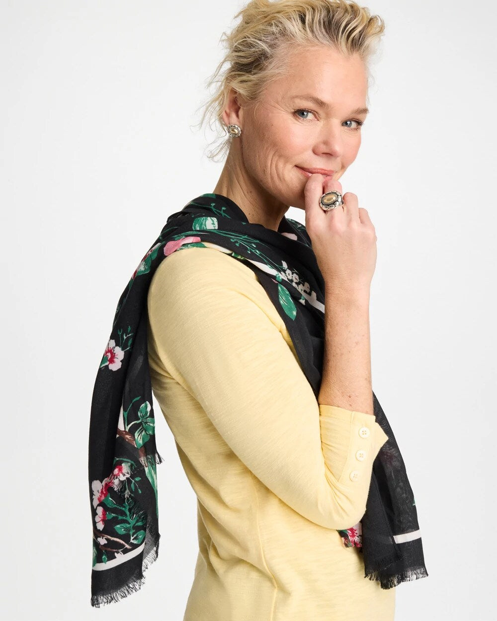 Chico's Online Black Kyoto Bloom Oblong Scarf