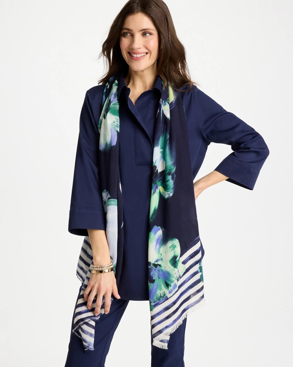 Chico's Outlet Passport Blue Printed Oblong Scarf