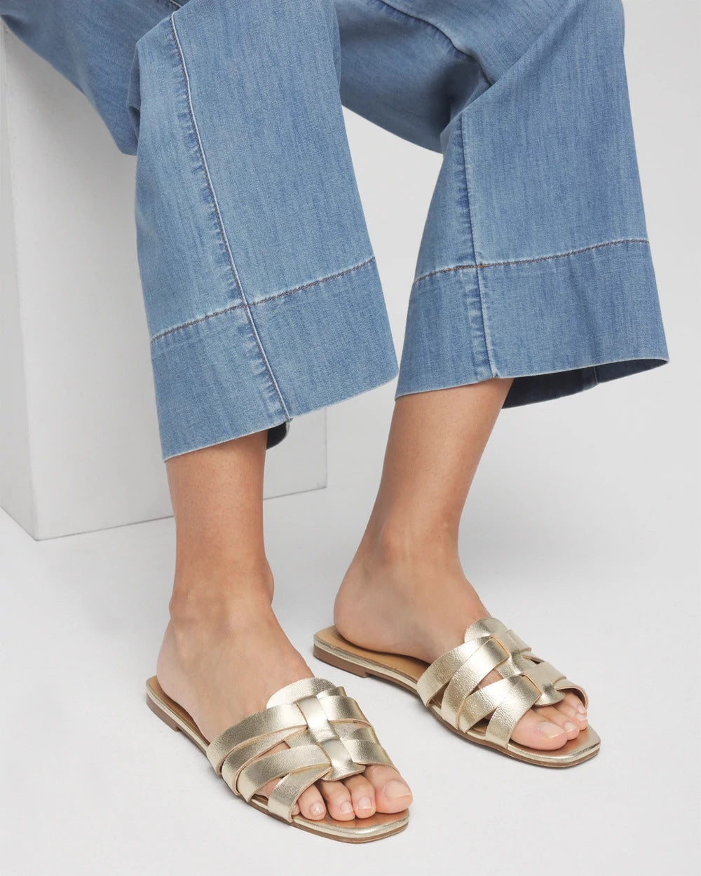 Chico's For Sale Gold Leather Cassidy Cross-Strap Slide Shoes