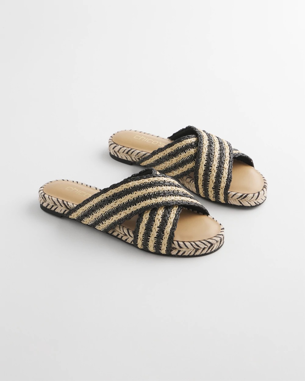 Chico's For Sale Black Raffia Striped Raffia Cross-Strap Slide Sandal