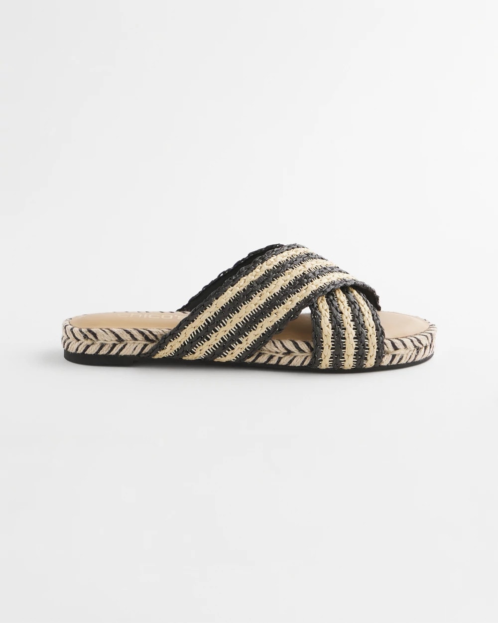 Chico's For Sale Black Raffia Striped Raffia Cross-Strap Slide Sandal
