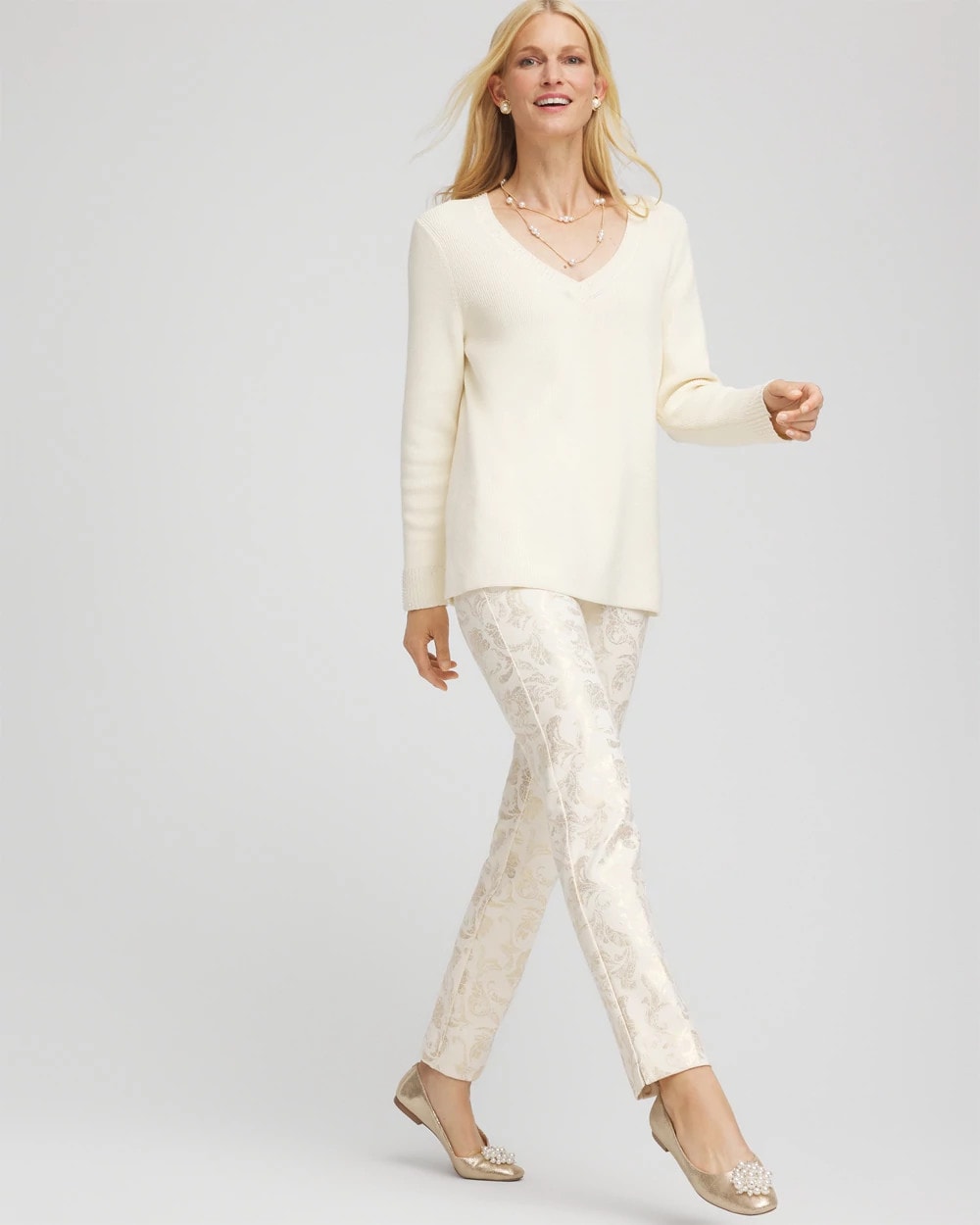 Chico's Discount English Cream Juliet Golden Foiled Slim Ankle Pants