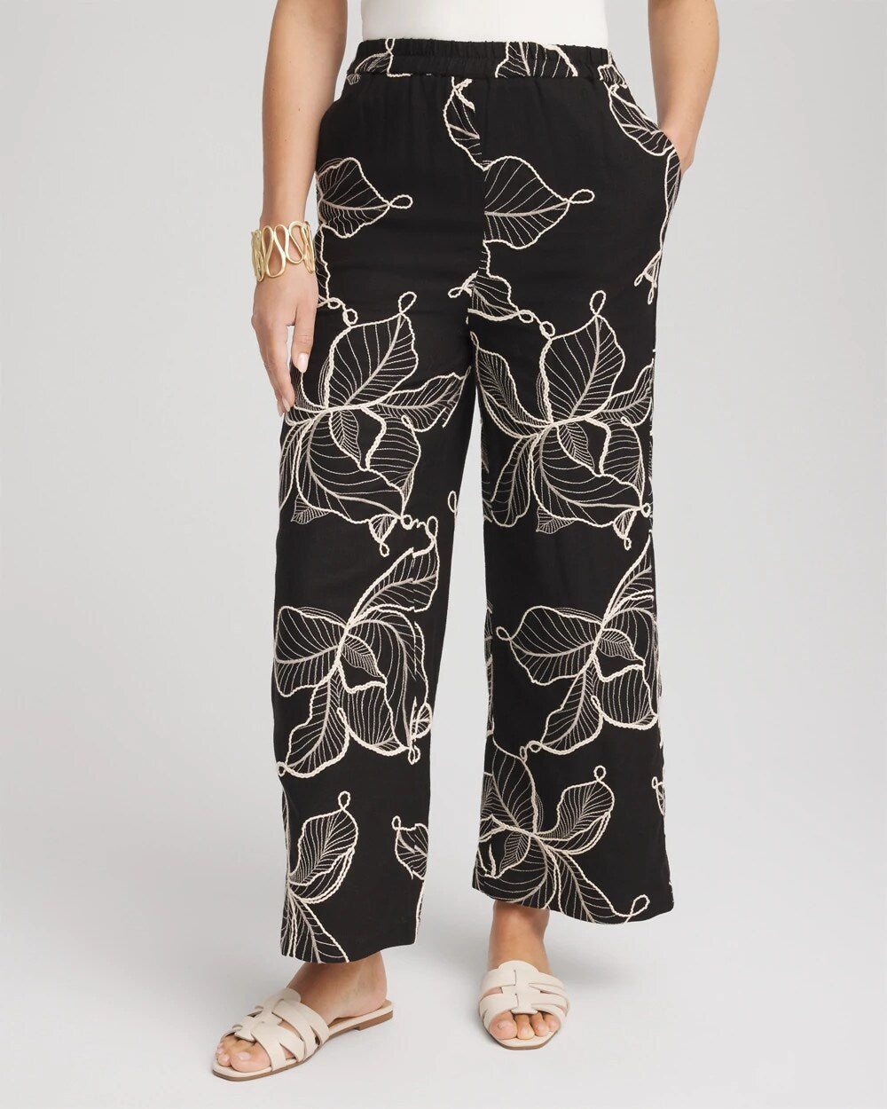 Chico's Online Black Embroidered Wide-Leg Cropped Pants