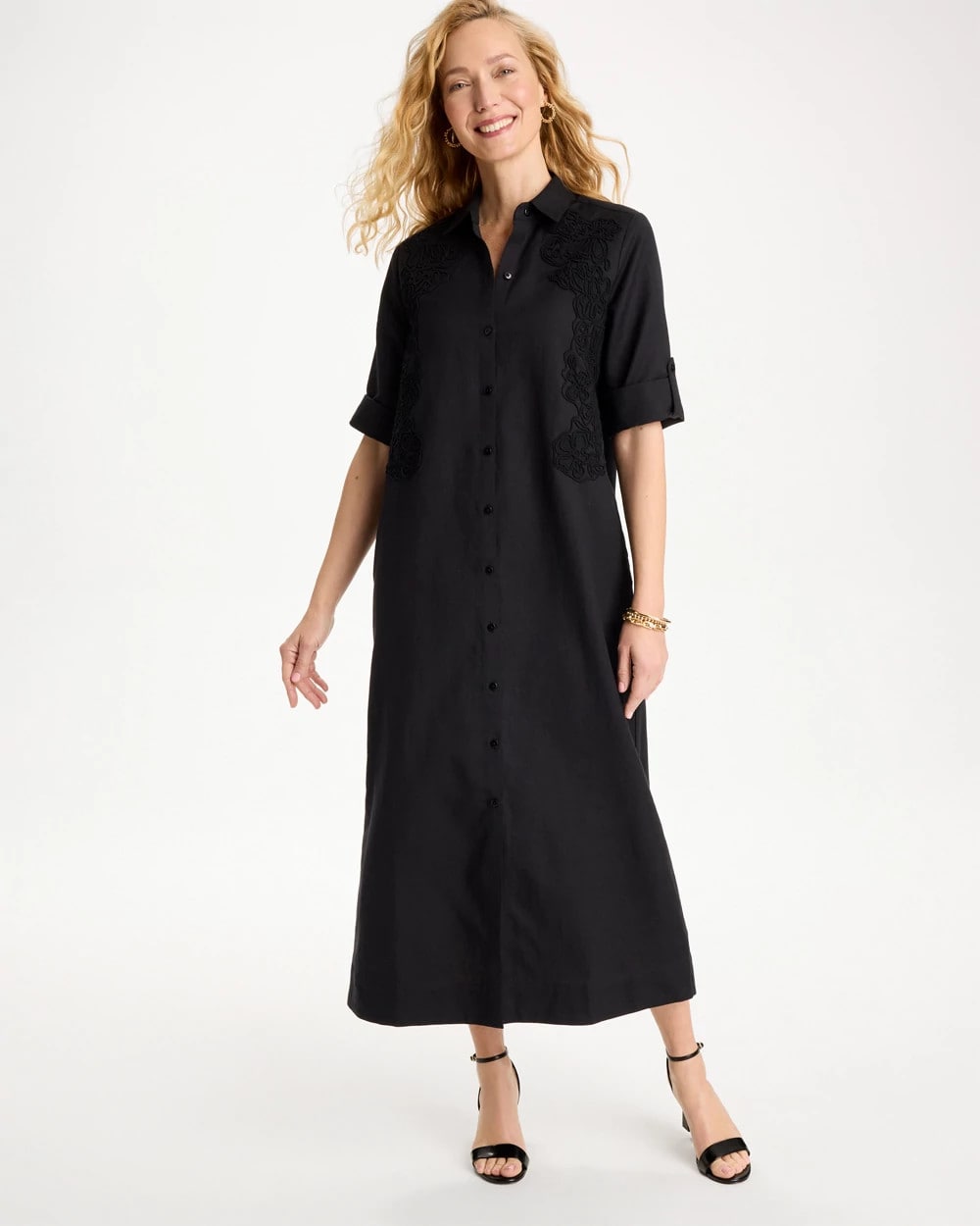 Chico's Sale Black Embellished Linen-Cotton Shirtdress