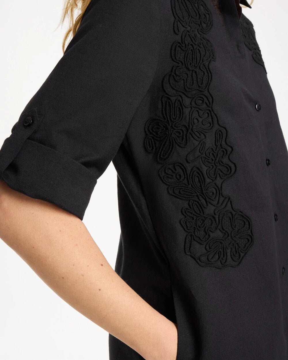 Chico's Sale Black Embellished Linen-Cotton Shirtdress