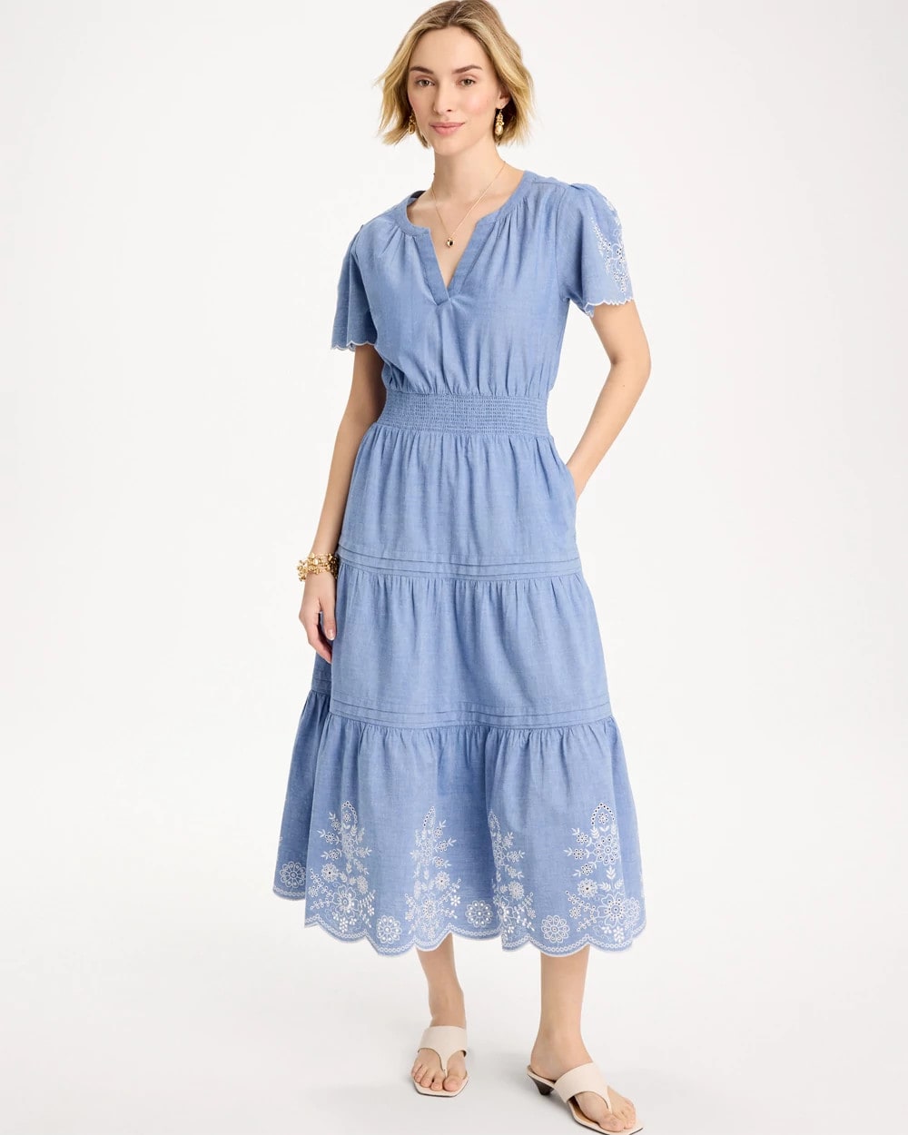 Chico's On Sale Light Indigo Chambray Embroidered Dress