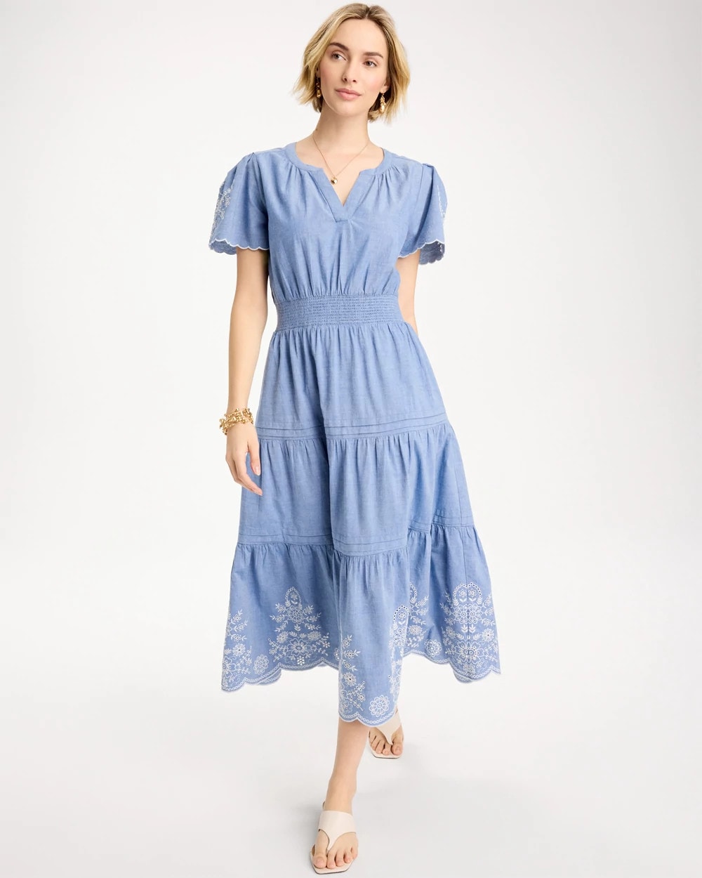 Chico's On Sale Light Indigo Chambray Embroidered Dress