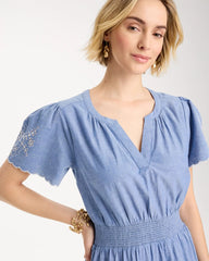 Chico's On Sale Light Indigo Chambray Embroidered Dress