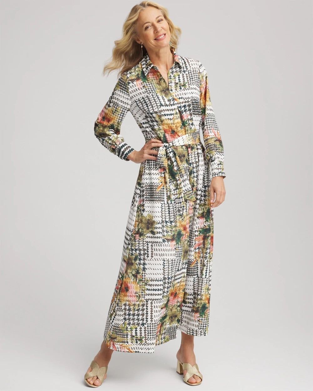 Chico's Outlet Ecru Artisanal Floral Print  Maxi Shirtdress