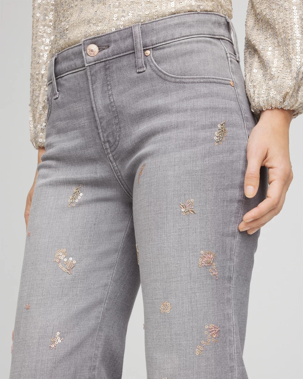 Chico's Outlet Le Havre Wash Rose Gold Embellished Girlfriend Flared Jeans