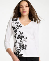 Chico's Discount Black Printed Cotton Stretch 3/4 Sleeve Tee