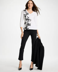 Chico's Discount Black Printed Cotton Stretch 3/4 Sleeve Tee