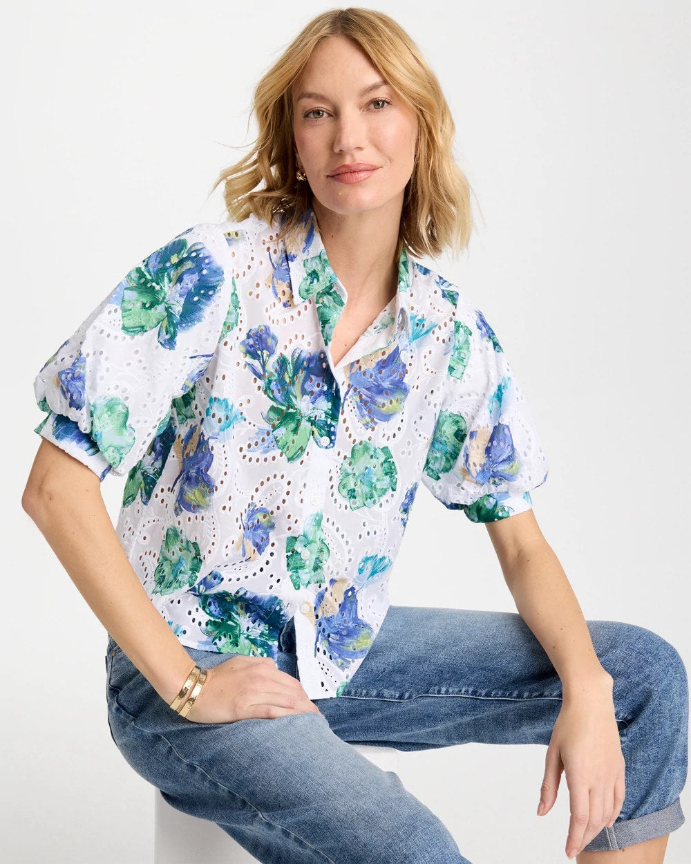 Chico's Sale Passport Blue Floral Paisley Eyelet Blouse