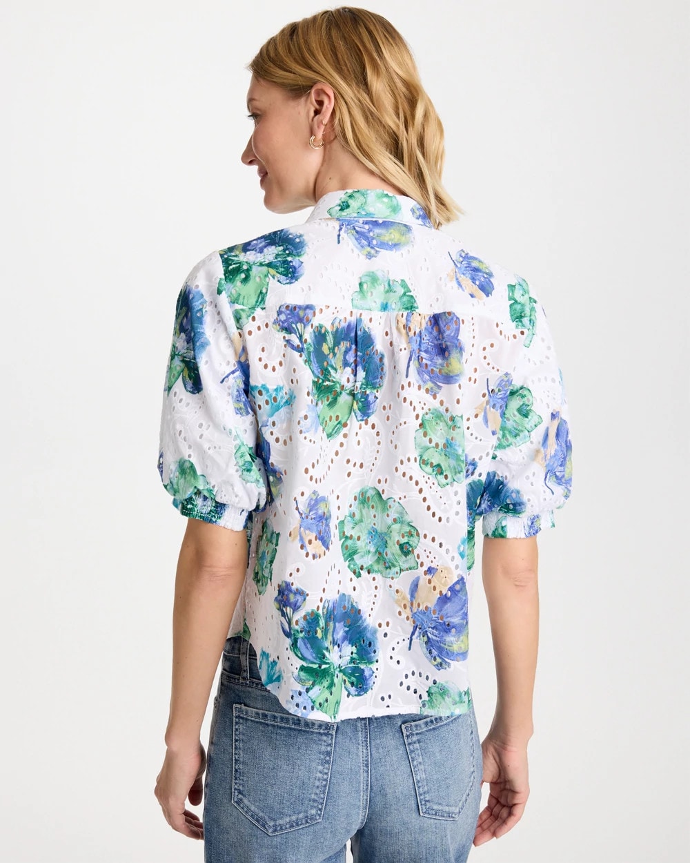 Chico's Sale Passport Blue Floral Paisley Eyelet Blouse