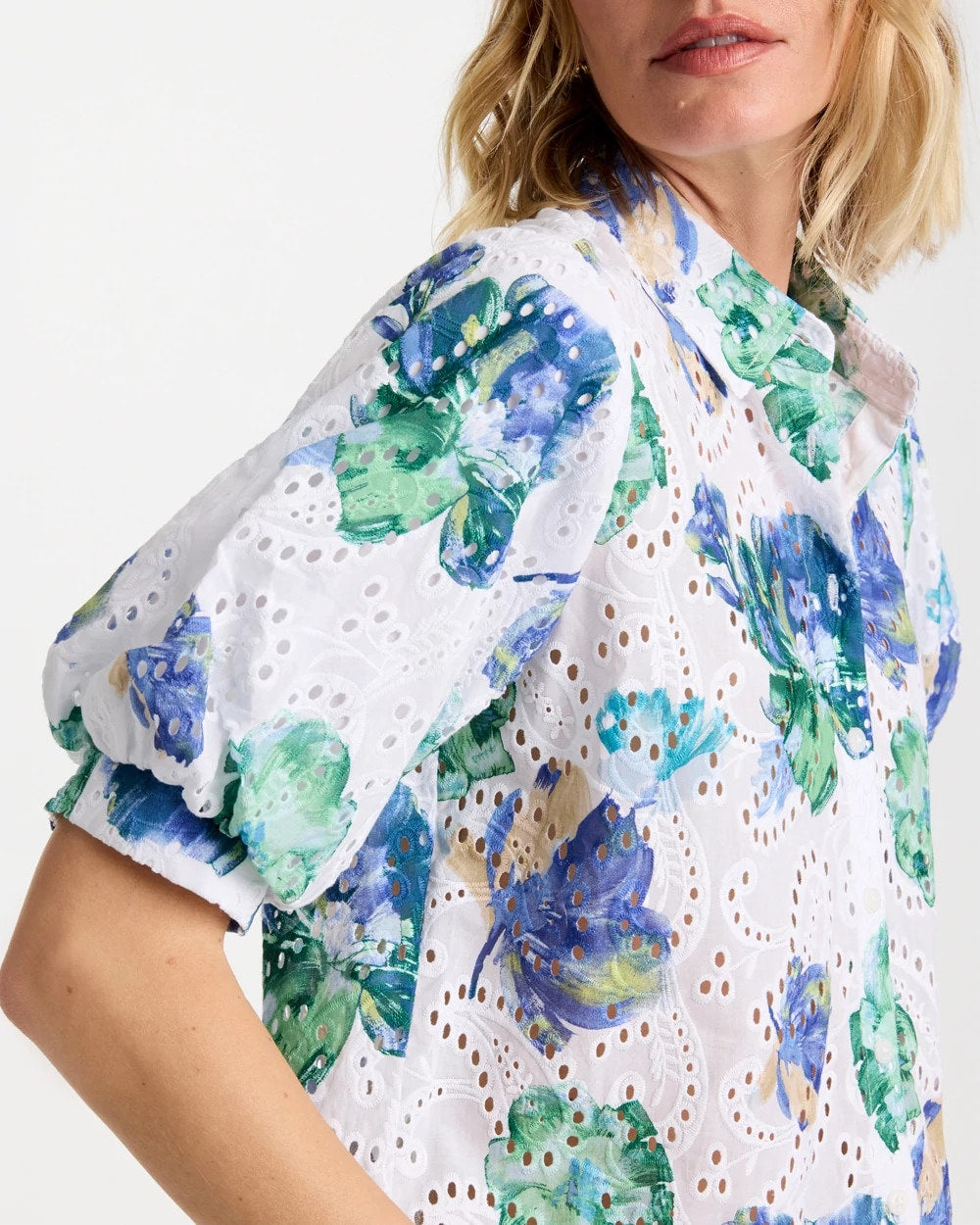 Chico's Sale Passport Blue Floral Paisley Eyelet Blouse