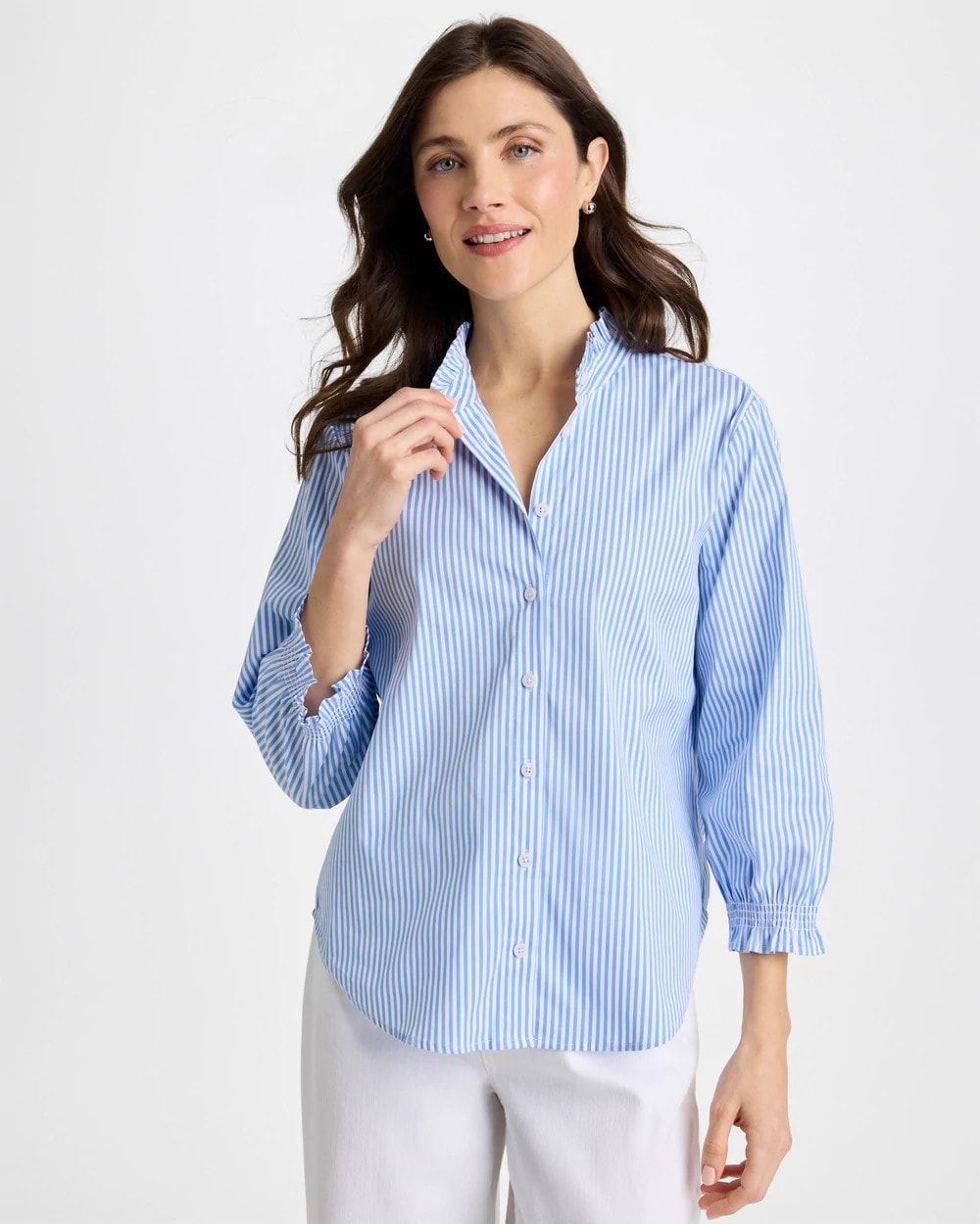 Chico's Outlet Tidal Blue Striped Poplin Ruffle Neck Shirt
