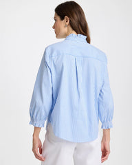 Chico's Outlet Tidal Blue Striped Poplin Ruffle Neck Shirt
