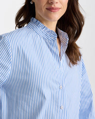 Chico's Outlet Tidal Blue Striped Poplin Ruffle Neck Shirt