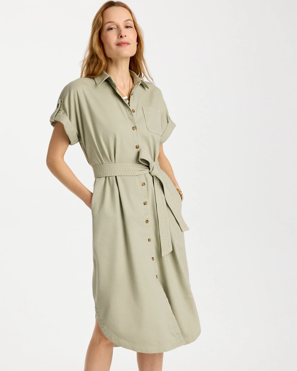Chico's On Sale Seagrass Green Dolman Tie Hemp Denim Shirtdress