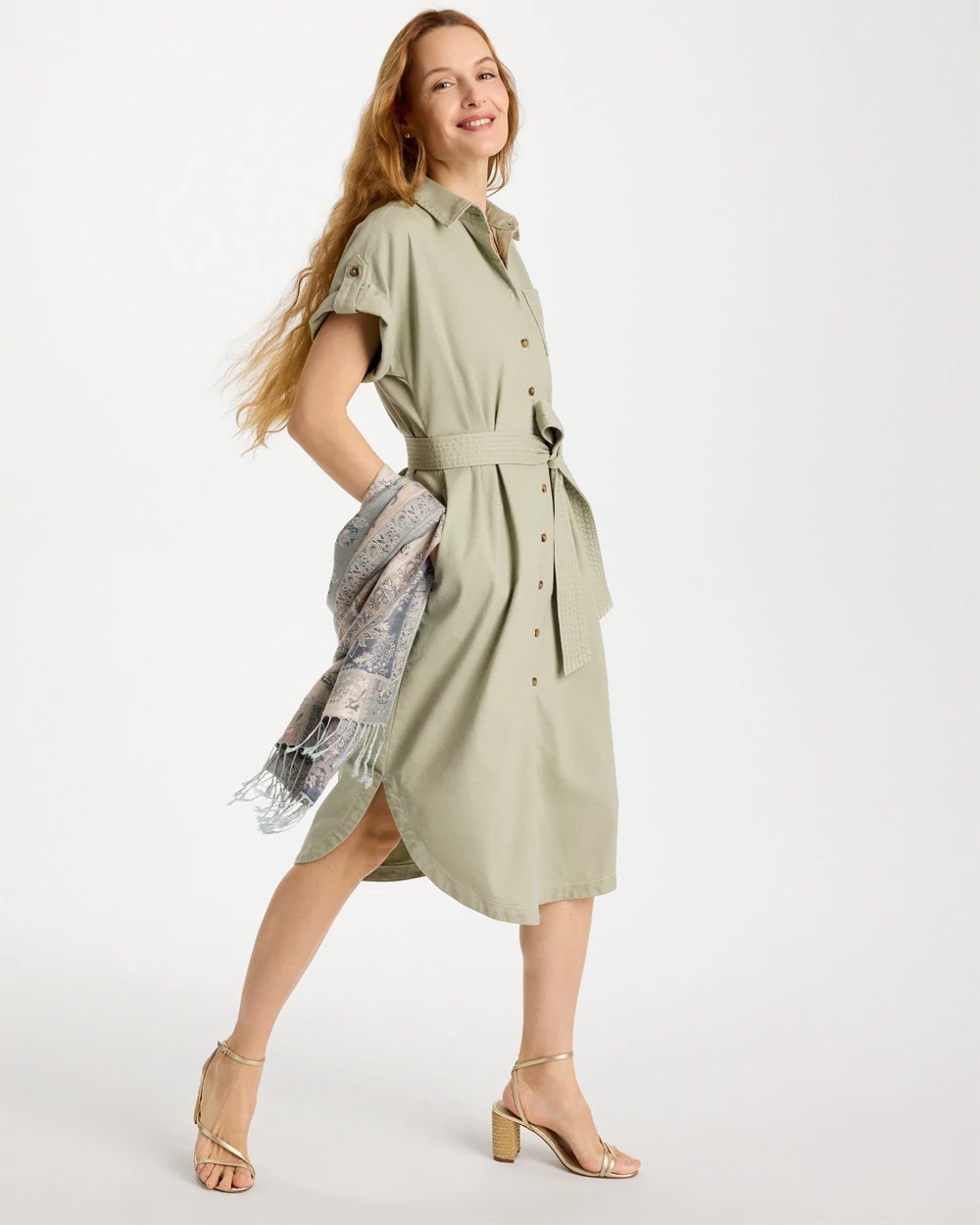 Chico's On Sale Seagrass Green Dolman Tie Hemp Denim Shirtdress