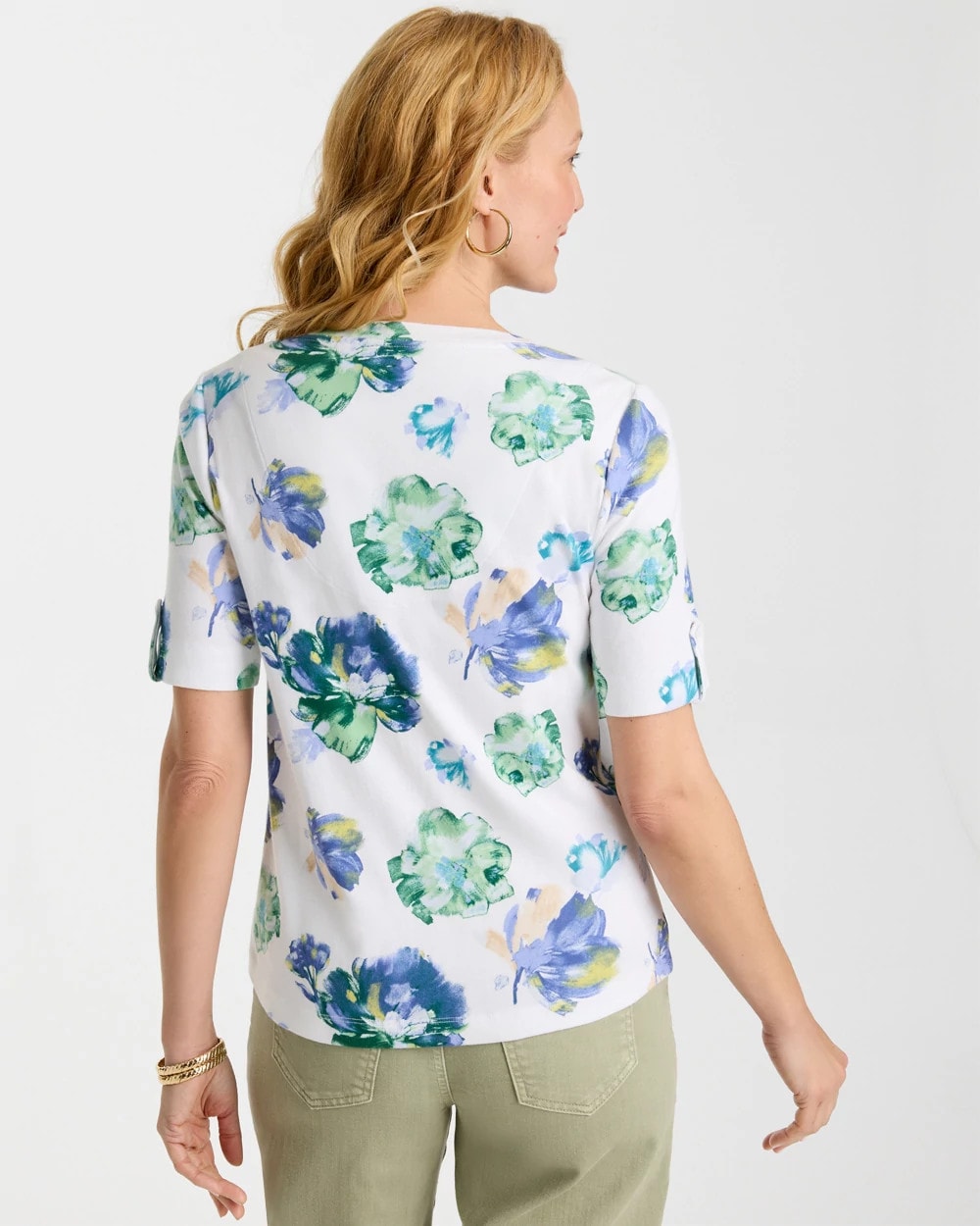 Chico's Sale Passport Blue Printed Cotton Slub V-Neck Tee